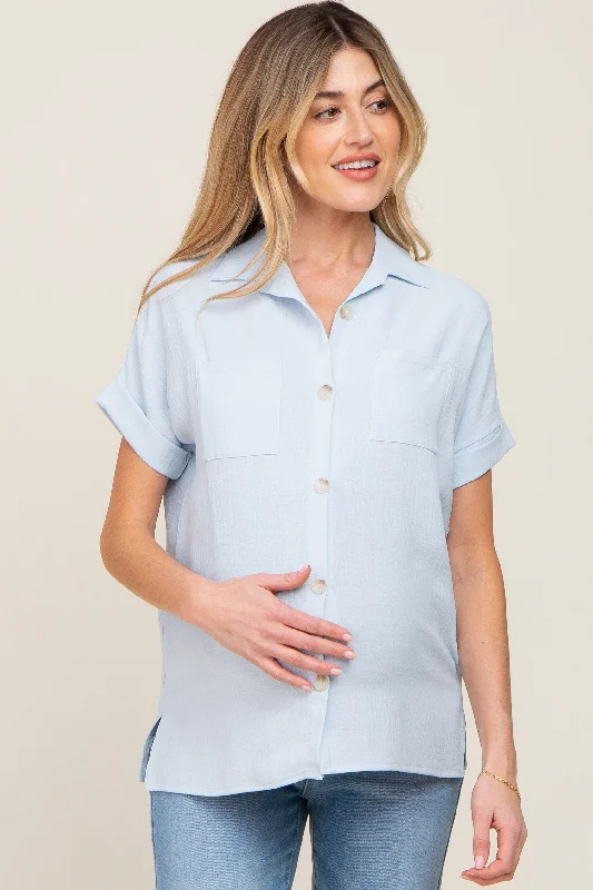 Light Blue Collared Button-Down Short Sleeve Maternity BlousePrinted Short Sleeve Tops