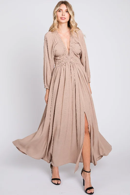 VNeckTopRidgeBeige Deep V-Neck Smocked Waist Maxi Dress