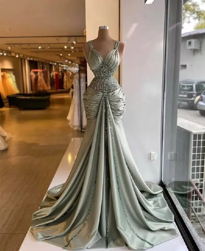 VNeckTopRubyLong Luxury Mermaid Style V-neck Beaded Silver Evening Gowns