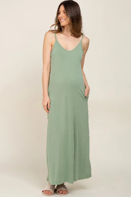 VNeckTopTitanLight Olive Sleeveless V-Neck Maternity Maxi Dress