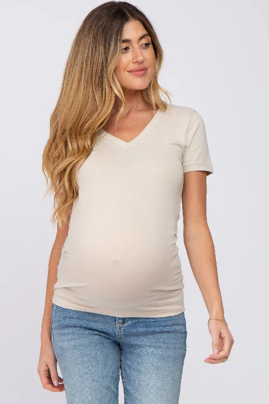 VNeckTopMarineBeige V-Neck Short Sleeve Maternity Top