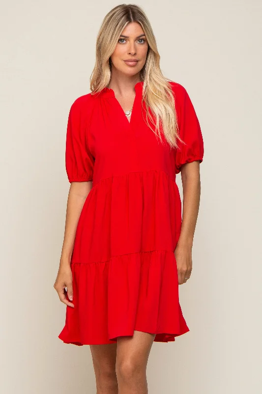 VNeckTopEchoRed Satin Ruffle V-Neck Short Sleeve Dress