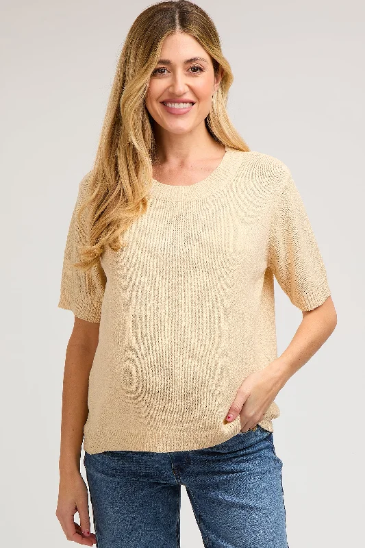 Beige Knit Short Sleeve Maternity TopCycling Short Sleeve Tops