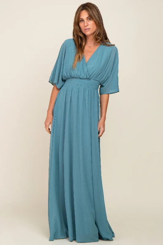 VNeckTopNinjaTurquoise Chiffon V-Neck Smocked Waist Maxi Dress