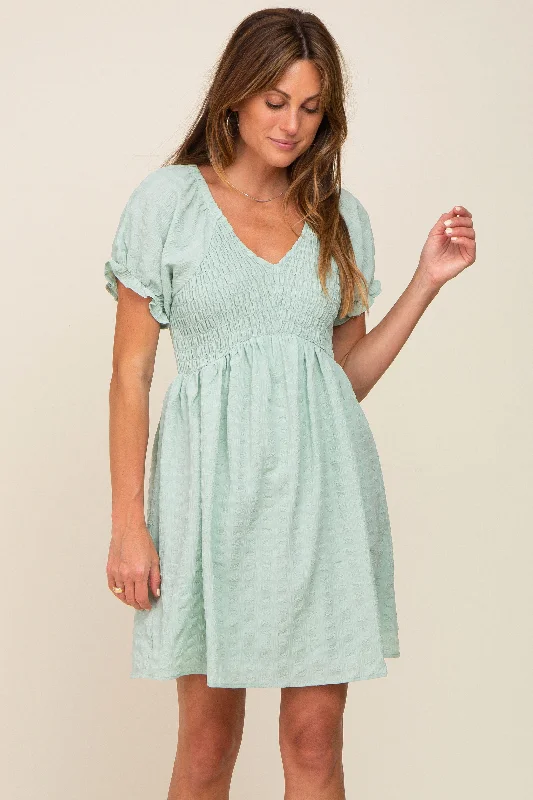 VNeckTopExplorerMint Green Smocked Textured V-Neck Dress