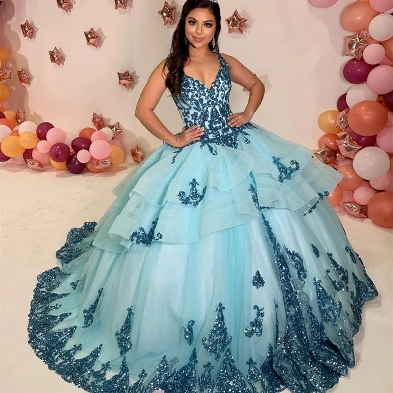 VNeckTopPeakV-Neck Quinceanera Dresses Tiered Ruffles Appliques Sequined Beading Princess Party Prom Sweet 15 Pageant Ball Gown Sleeveless