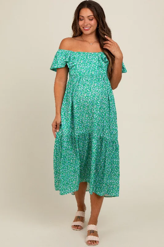 Leather DressGreen Floral Ruffle Off Shoulder Maternity Midi Dress