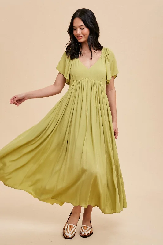 VNeckTopOasisLight Olive V-Neck Flutter Short Sleeve Midi Dress