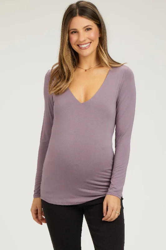 VNeckTopVortexMauve V-Neck Long Sleeve Maternity Top