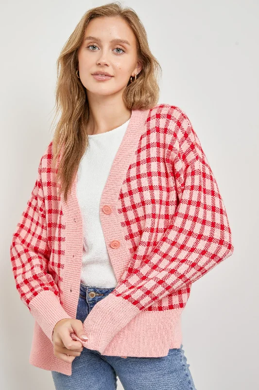 VNeckTopSteelPink V-Neck Plaid Woven Cardigan