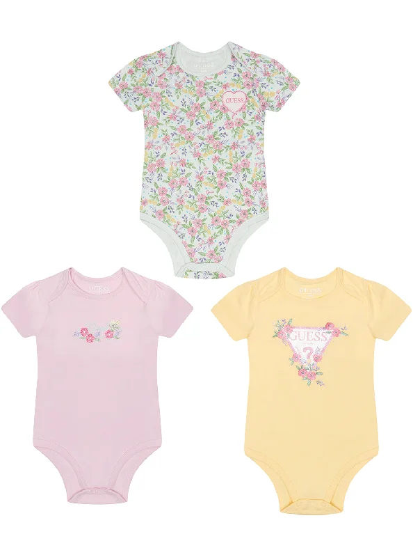 Floral Pink Yellow 3 Piece Onesie Set (0-12M)