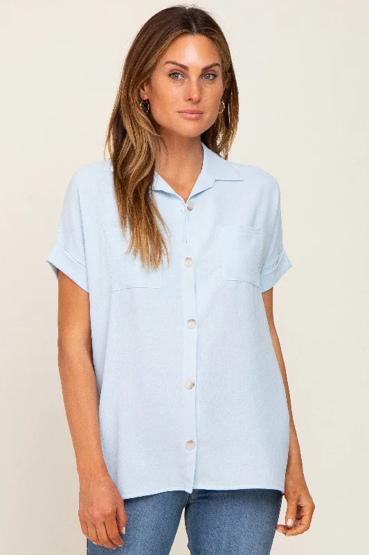 Light Blue Collared Button-Down Short Sleeve BlouseMinimalist Short Sleeve Tops