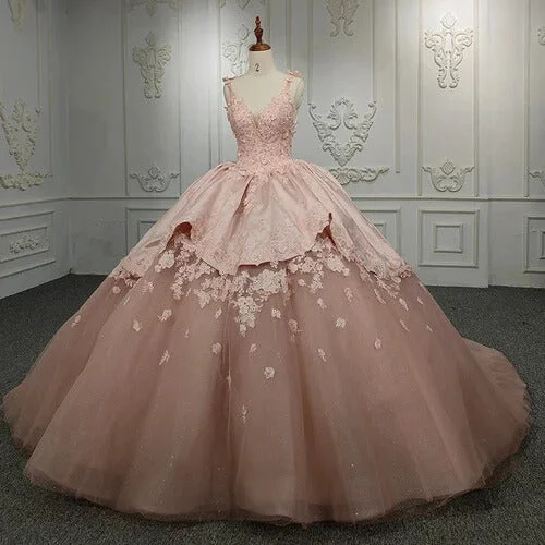 VNeckTopKrakenFlowers Pink V-Neck Quinceañera Dress