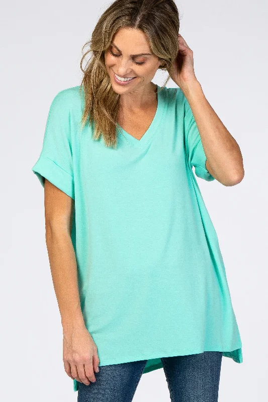 VNeckTopRidgeMint Green V-Neck Cuffed Short Sleeve Top