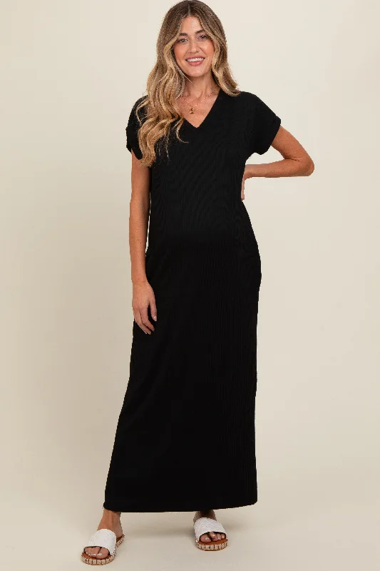 VNeckTopLunarBlack Ribbed V-Neck Maternity Midi Dress