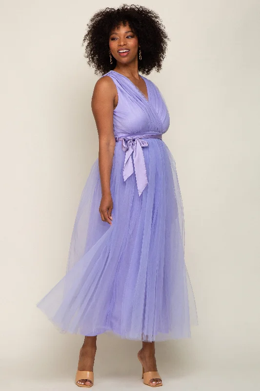 VNeckTopProLavender Wrap V-Neck Waist Tie Tulle Midi Dress