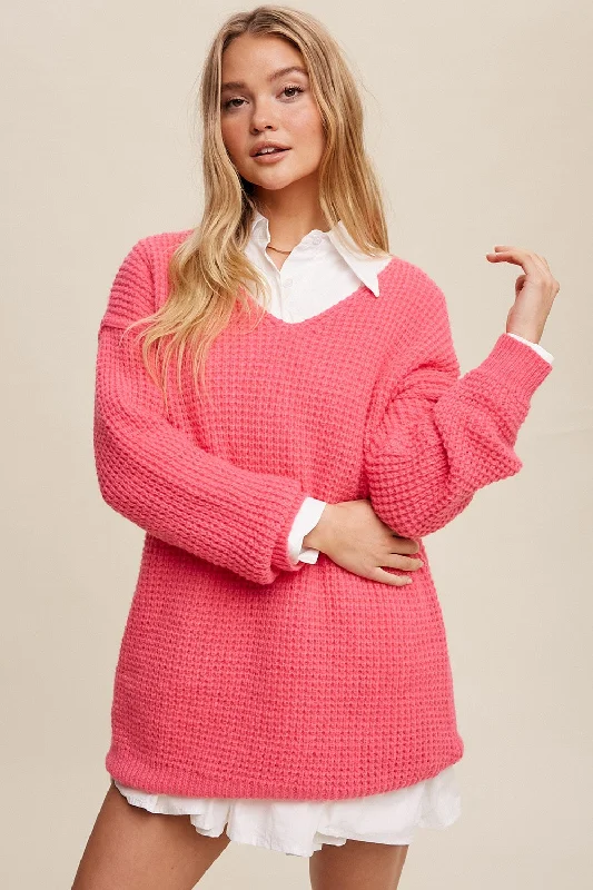 VNeckTopPlusFuchsia Chunky Knit V-Neck Side Slit Long Sweater