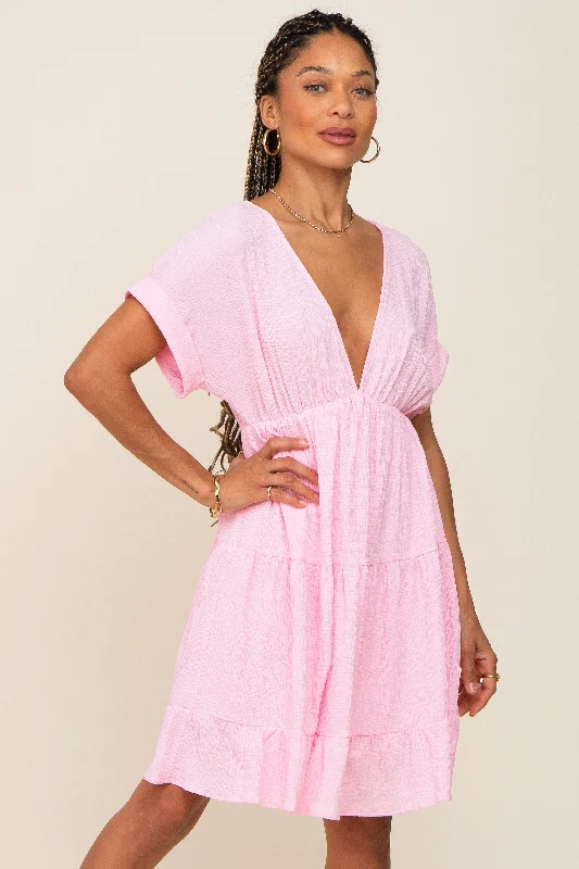 VNeckTopXPink V-Neck Tiered Cutout Back Dress