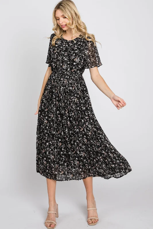 Black Floral Pleated Short Sleeve Chiffon Midi DressCotton Short Sleeve Tops