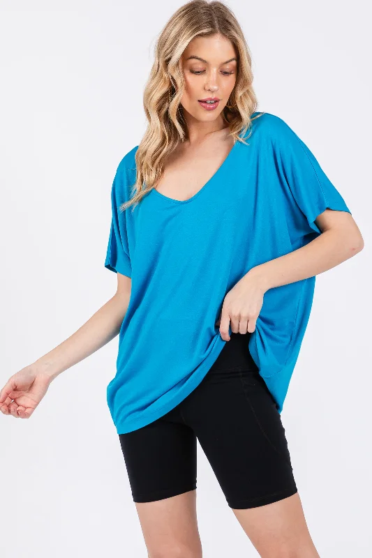 VNeckTopCrestBlue Short Dolman Sleeve V-Neck Top