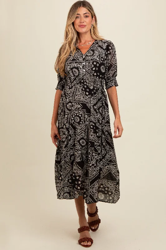 VNeckTopBronzeBlack Paisley Button Front V-Neck Tiered Maternity Midi Dress