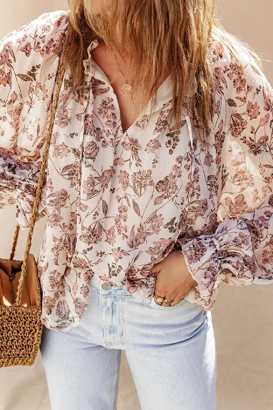 VNeckTopIronFloral Print V-neck Strap Long Sleeve Blouse