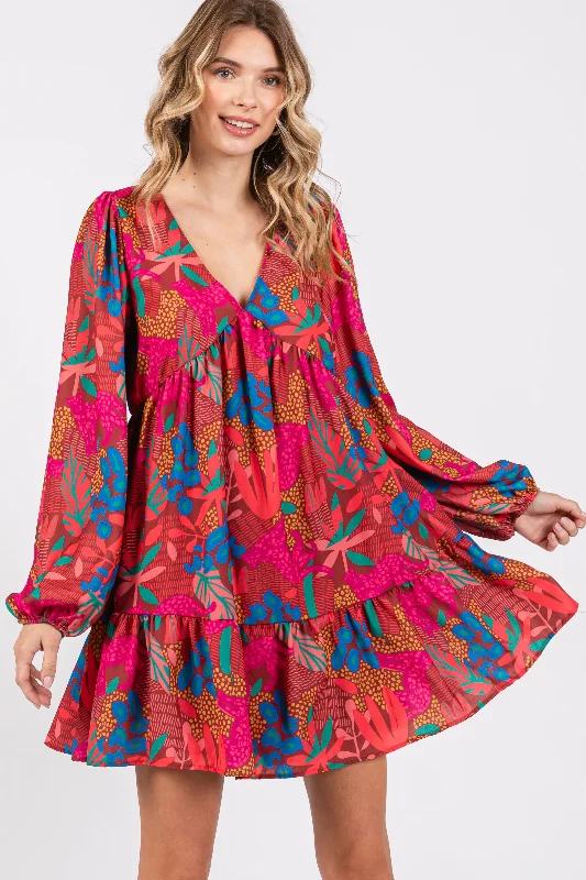 VNeckTopRiseMocha Floral V-Neck Ruffle Hem Dress